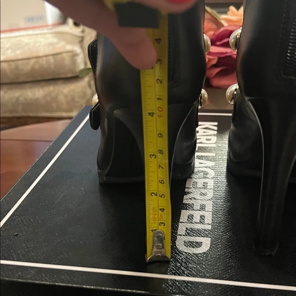 Karl Lagerfeld Black Heeled Boots with Pearl Accents - Picture 4 of 11